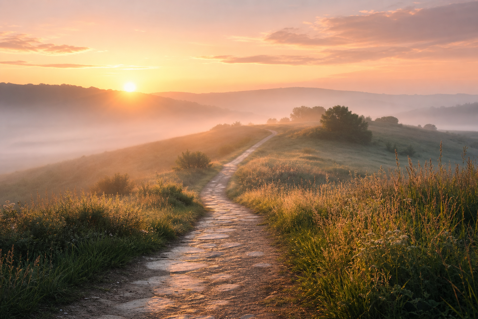 Soft dawn landscape with a quiet winding pathway and warm light symbolizing healing and renewed hope