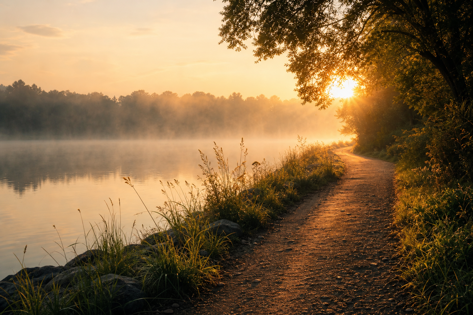 Quiet sunrise path by still water with soft light symbolizing restoration, reflection, and renewed hope