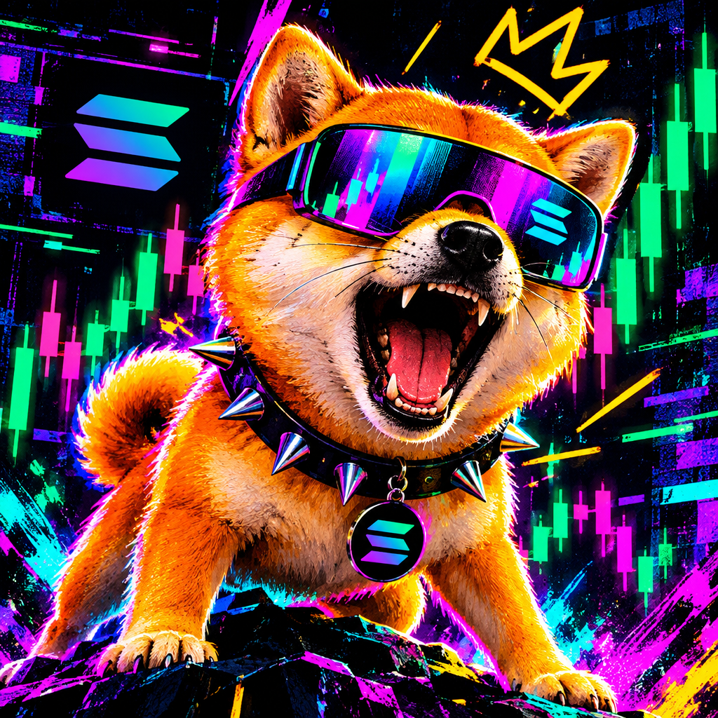 Pixel-chaotic Bitcoin Inu mascot with neon orange fur, a spiked collar, and glowing Solana-style shades, barking in front of chart candles