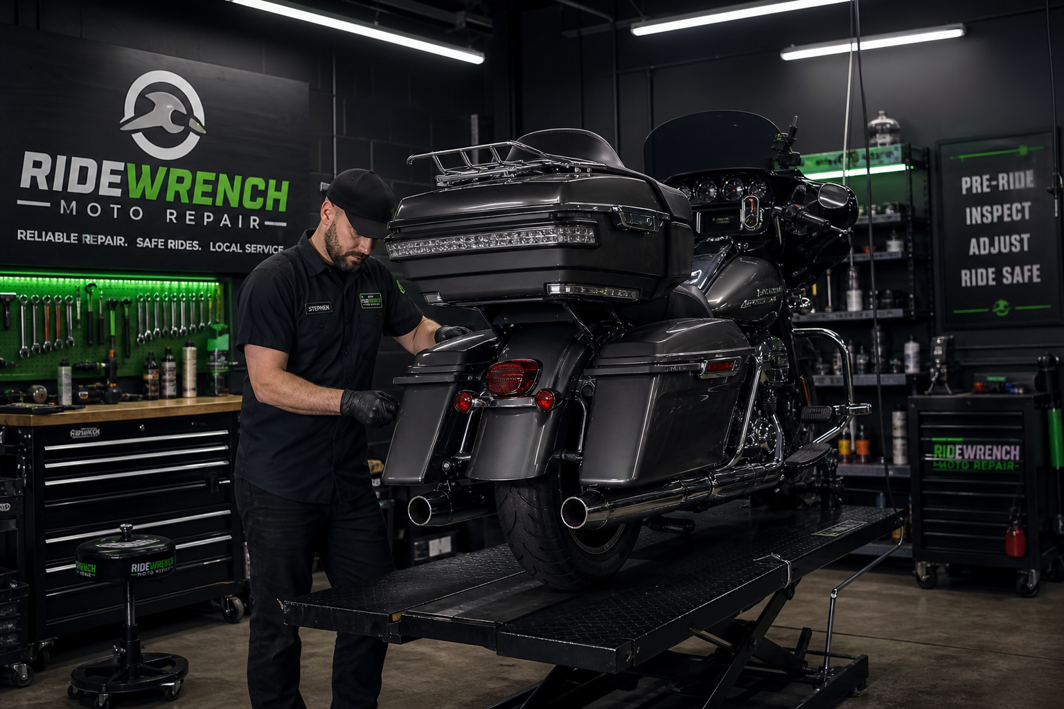 Motorcycle mechanic in a modern garage inspecting a touring bike with tools and lift
