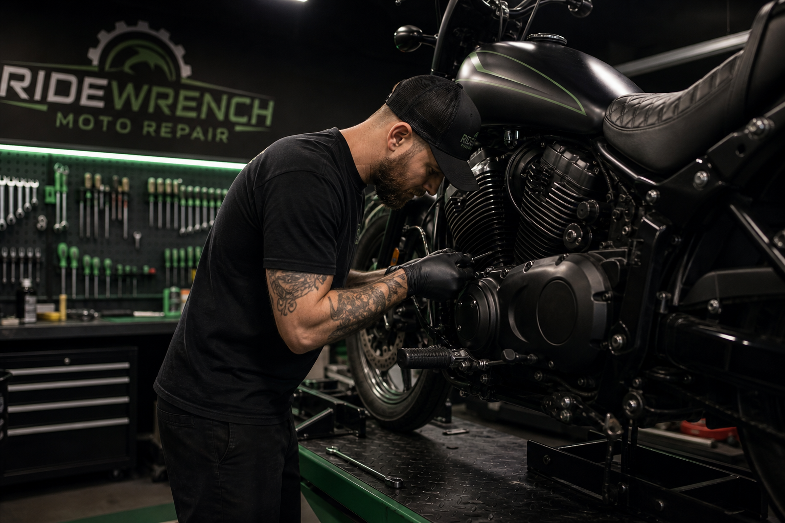 Mechanic in a dark workshop carefully inspecting a motorcycle engine on a lift, tools and clean workbench nearby