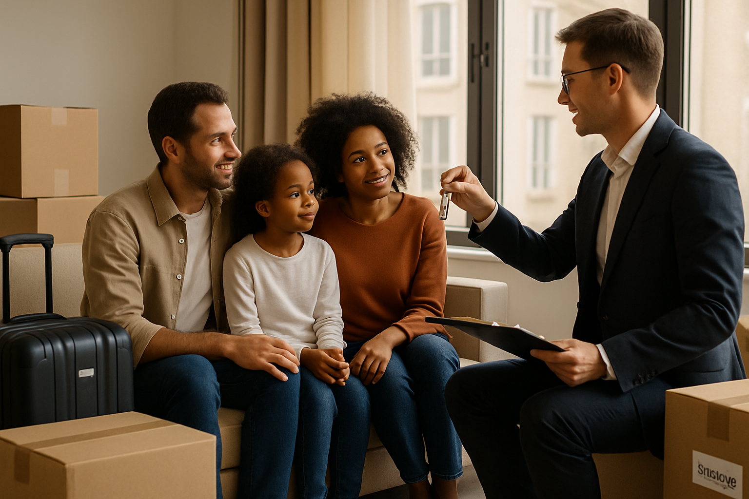 Famille expatriée installant ses effets personnels dans un appartement meublé moderne avec agent de relocation