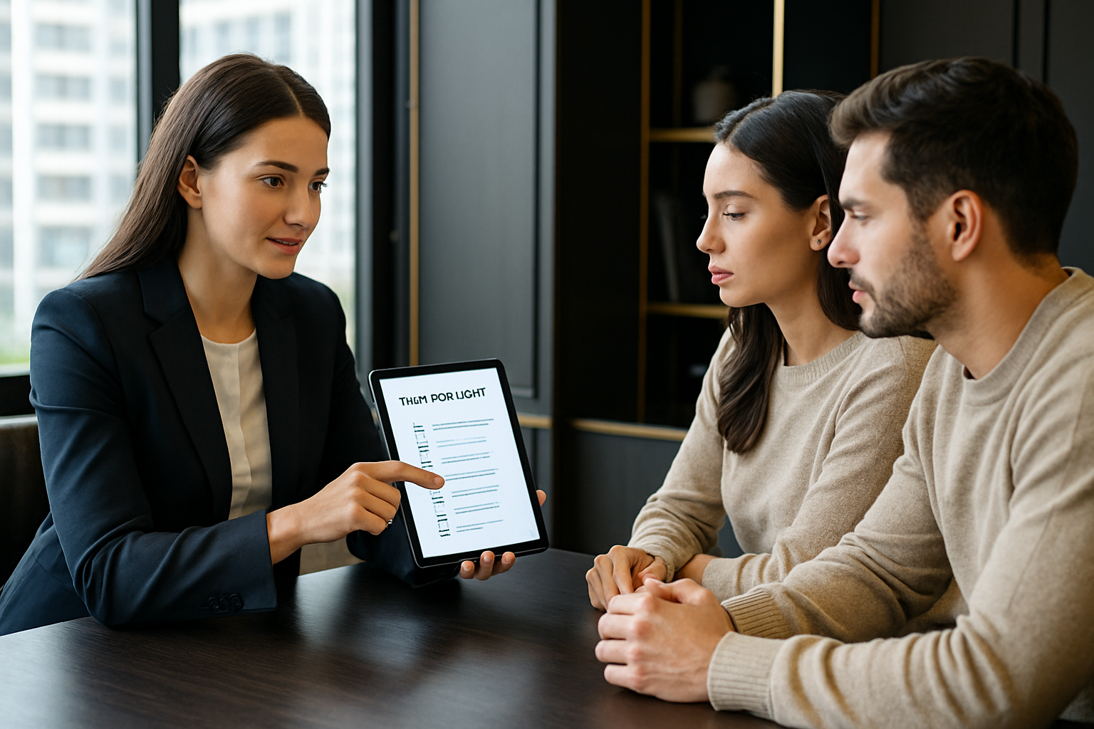 Consultante en immigration expliquant une checklist visa sur tablette à un couple dans un bureau premium