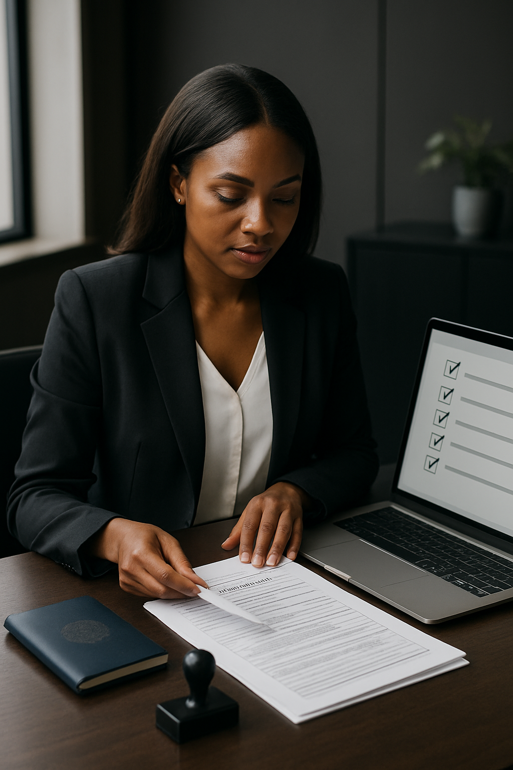 Consultante en mobilité internationale vérifiant un dossier de permis de travail RDC avec formulaires officiels et ordinateur dans un bureau professionnel