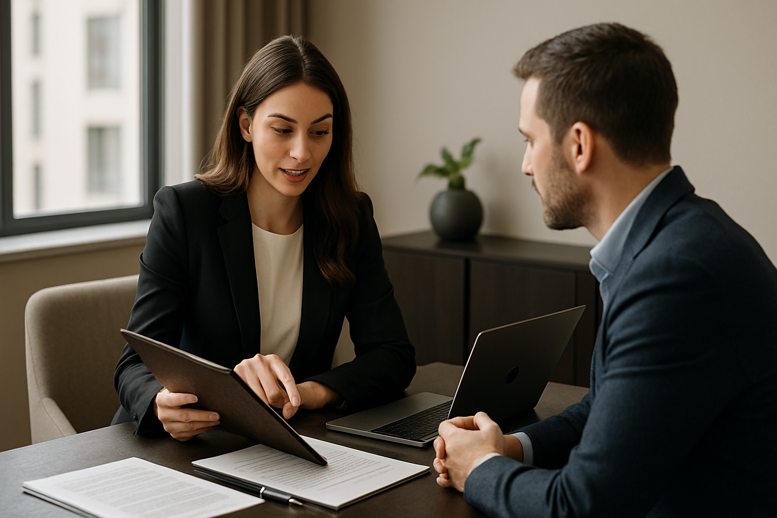 Consultation professionnelle internationale entre une conseillère et un client dans un bureau premium