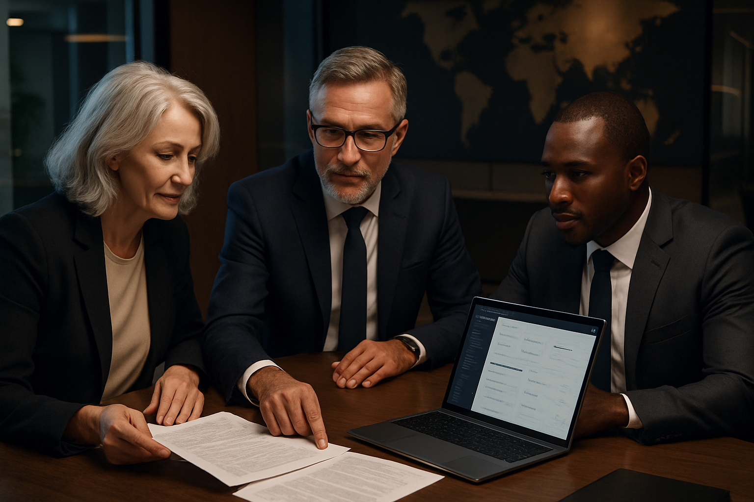 Consultants en mobilite internationale coordonnant des dossiers administratifs avec des clients dans un bureau premium