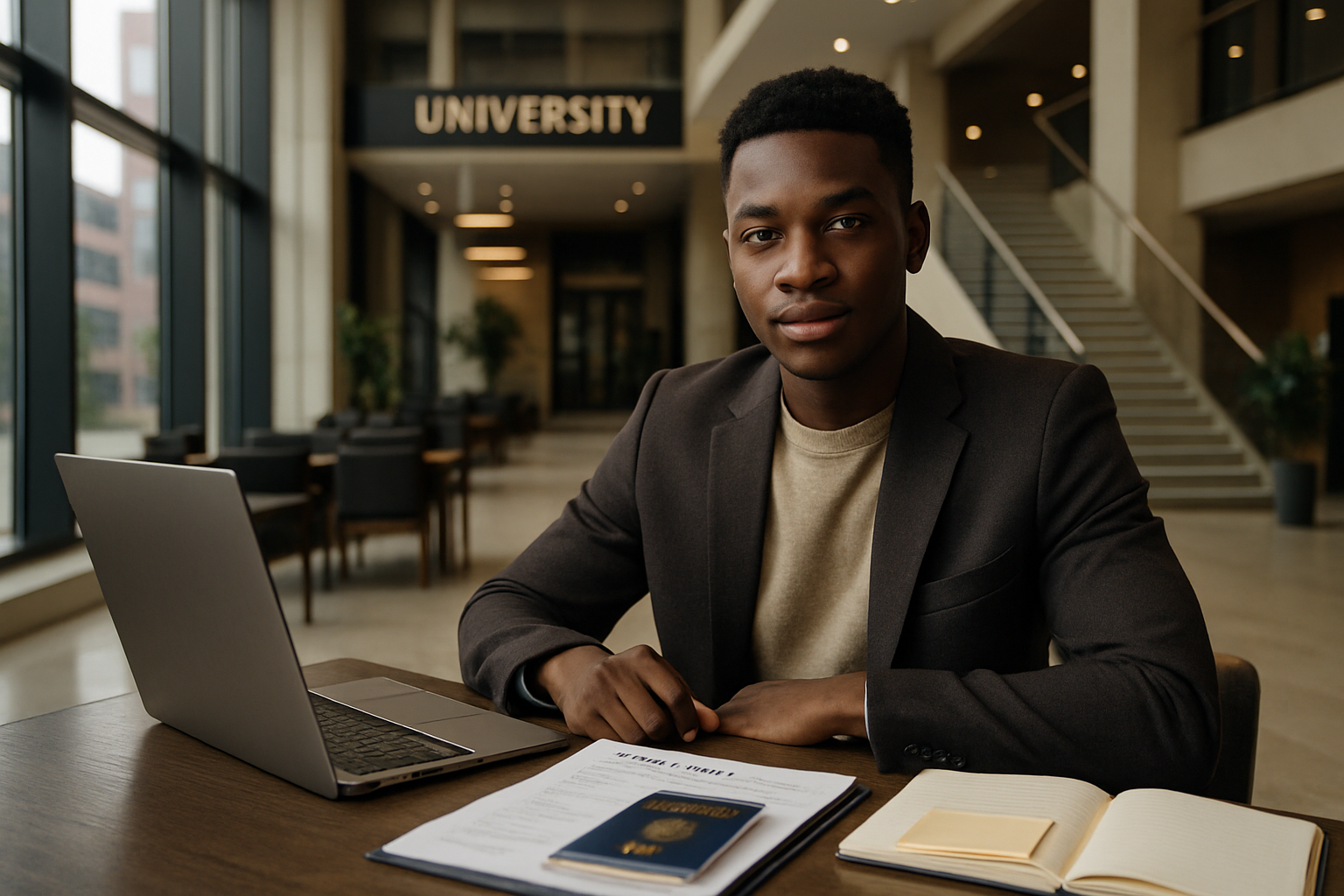 Étudiant ambitieux dans un environnement international, avec passeport, lettres d’admission et documents académiques organisés sur une table moderne