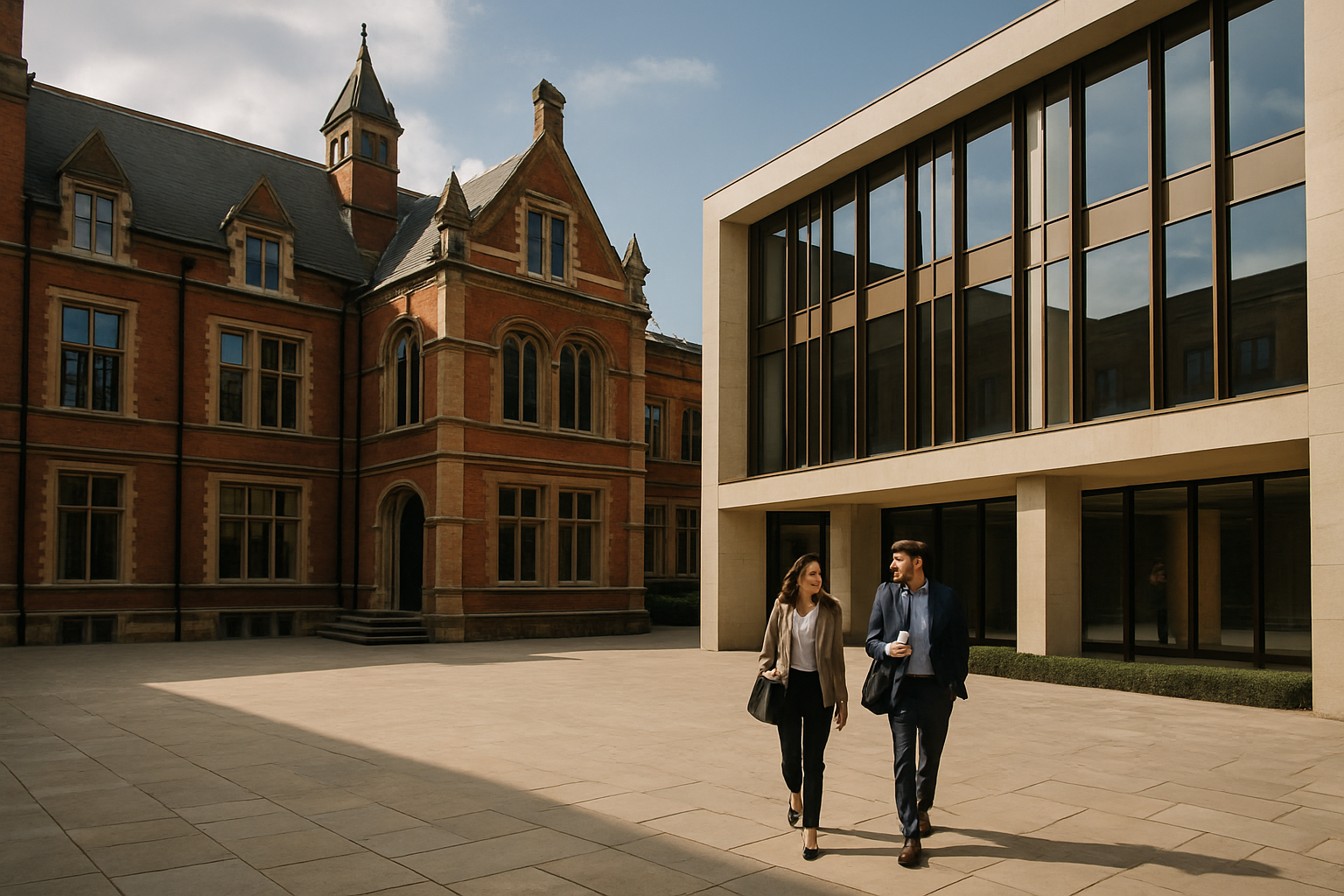 Campus urbain élégant avec architecture victorienne rénovée et cour intérieure en pierre