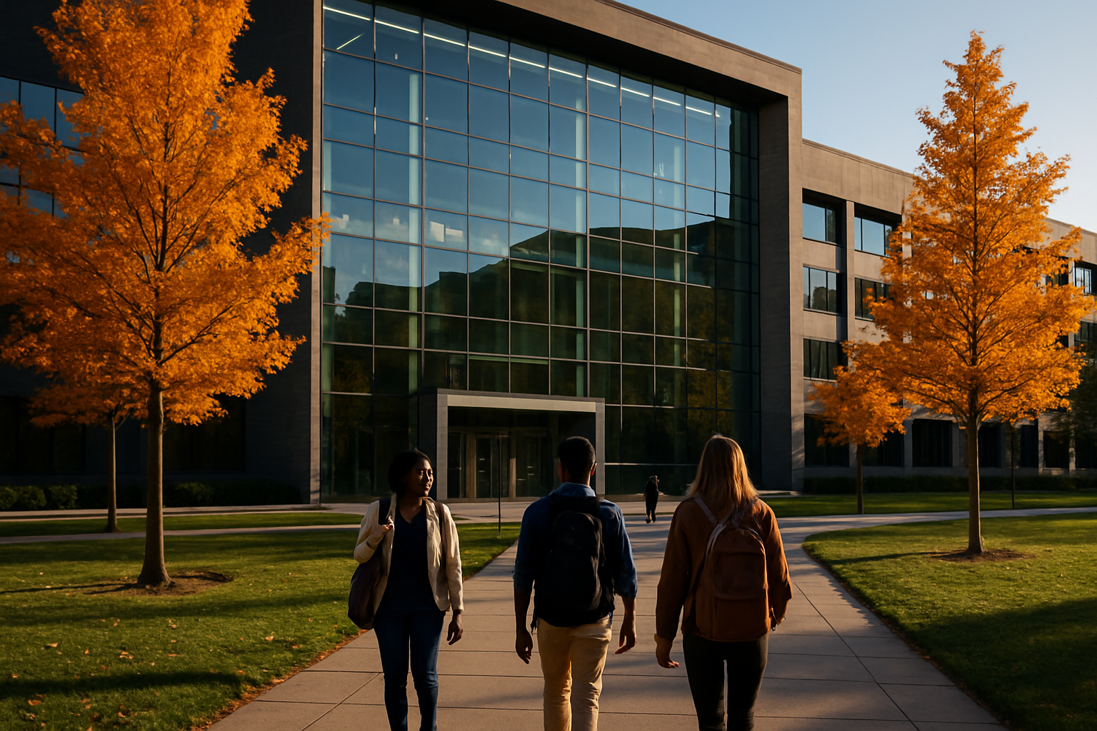 Campus moderne avec façade vitrée, arbres d’automne et étudiants en circulation