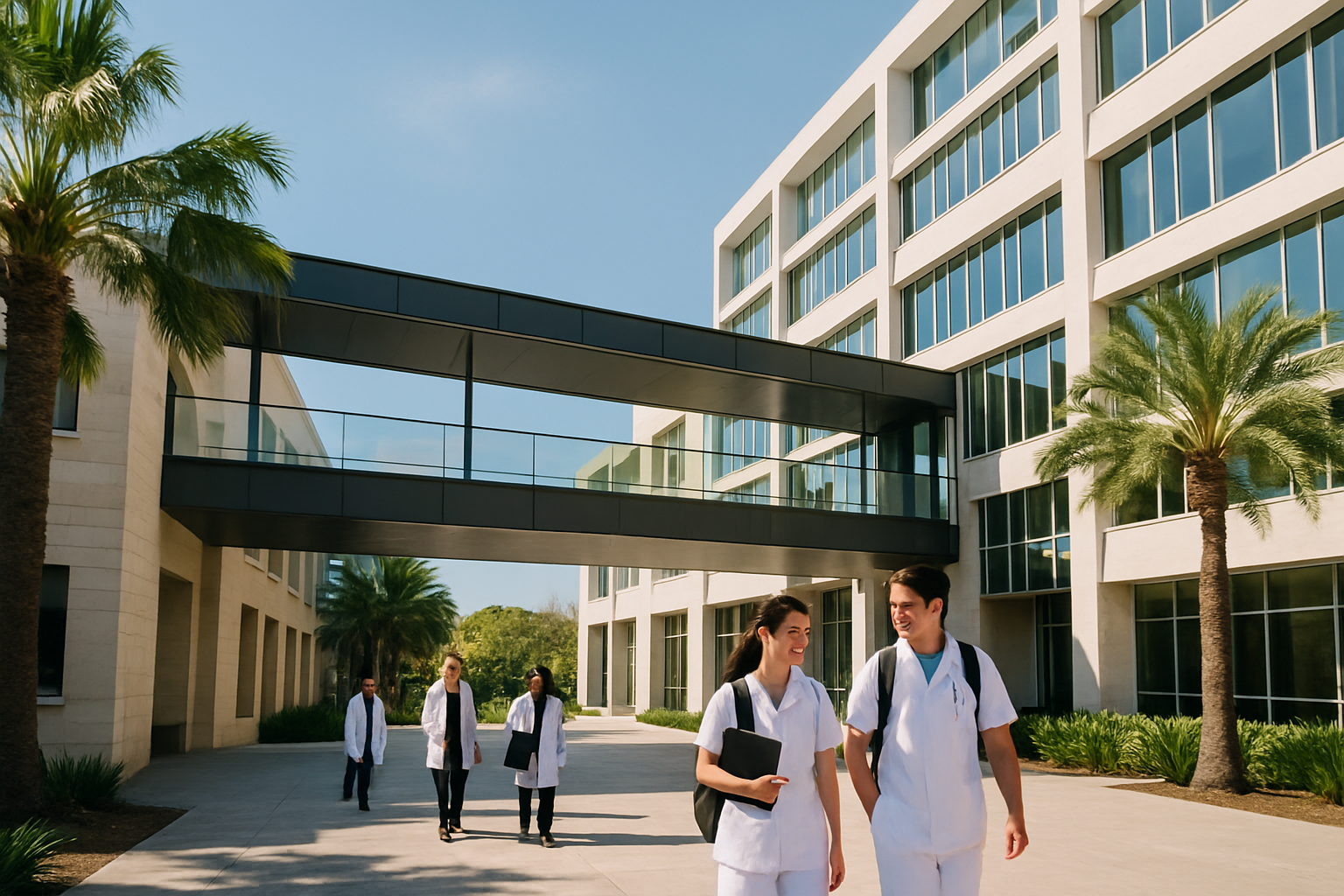 Campus médical avec passerelle extérieure, palmiers et étudiants en tenue clinique