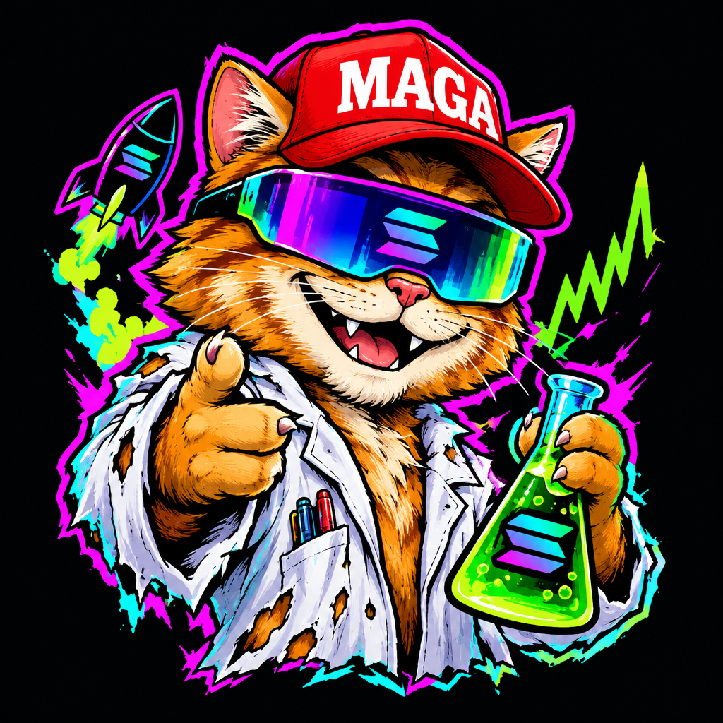 Labs MAGA Cat meme character with neon goggles, lab coat scraps, and chaotic sticker-style swagger