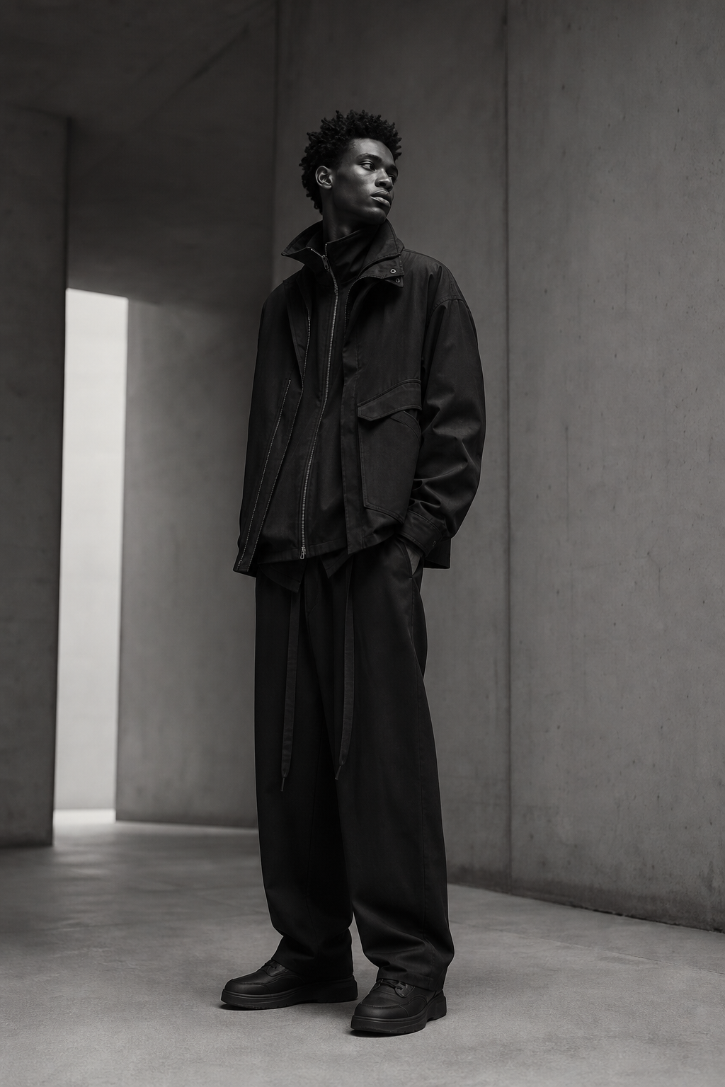 Dominant monochrome fashion campaign image featuring a model in structured luxury streetwear inside a quiet architectural setting with soft directional light