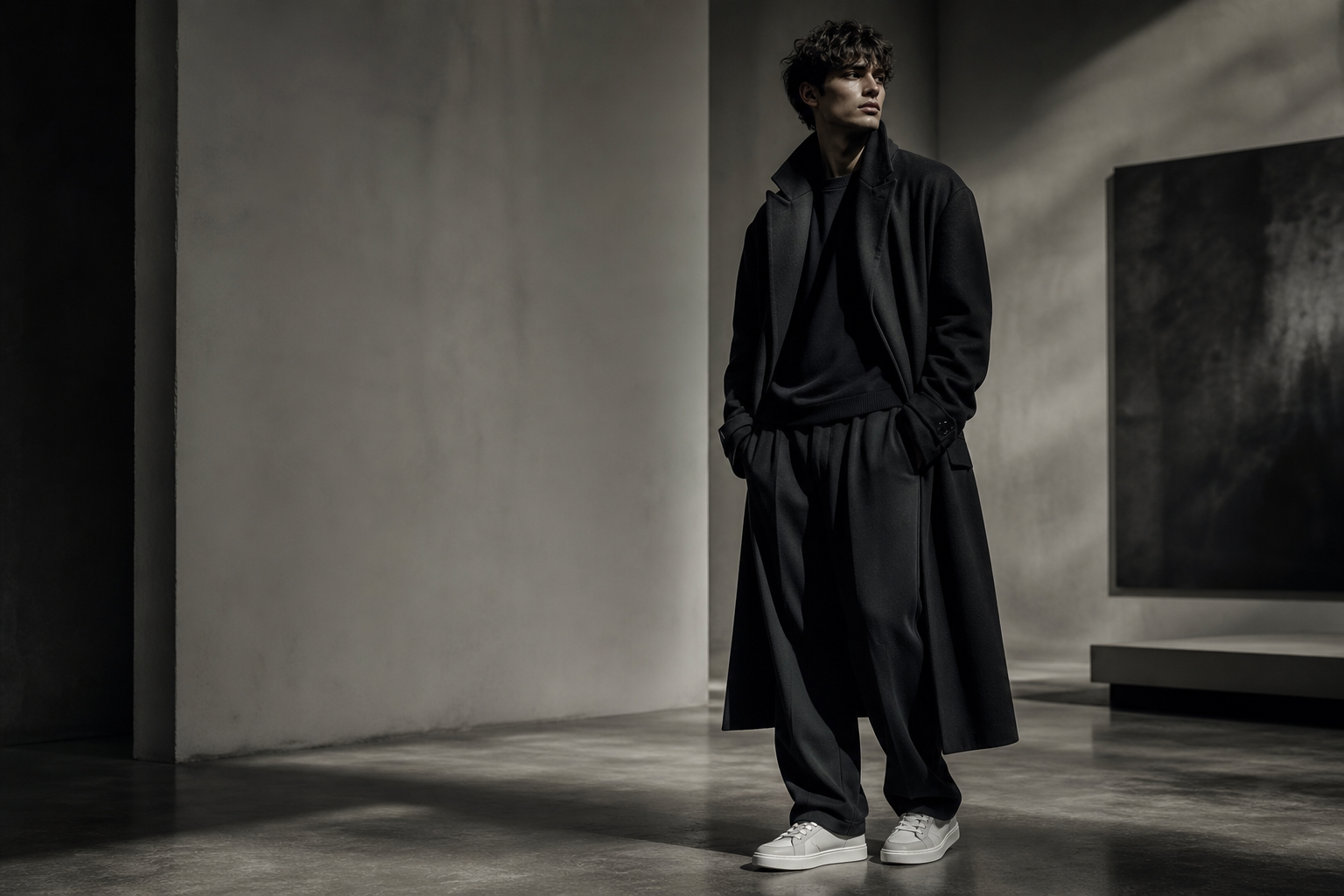Cinematic editorial campaign portrait of a fashion-forward model in luxury streetwear, standing in a minimal gallery-like interior with moody monochrome lighting.
