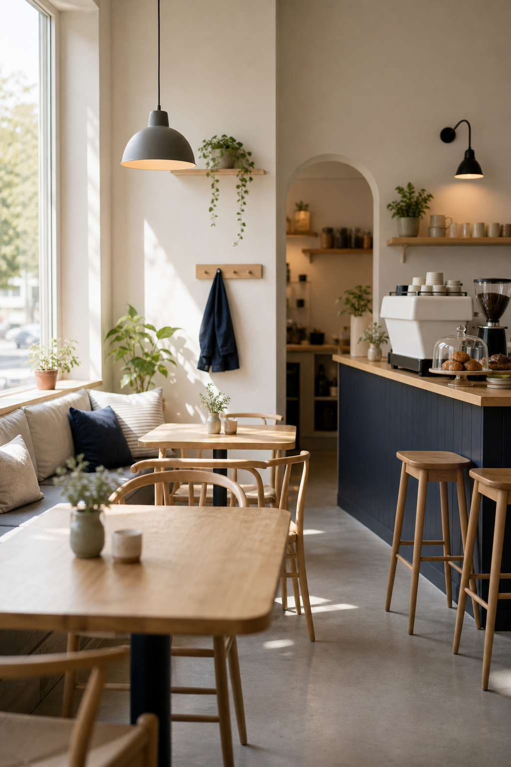 Warm cafe interior with light wood tables and morning sun