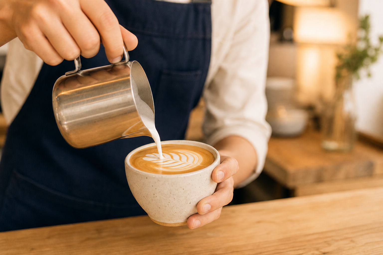 Barista's hands pouring steamed milk into a cup of coffee, creating latte art, warm cafe lighting