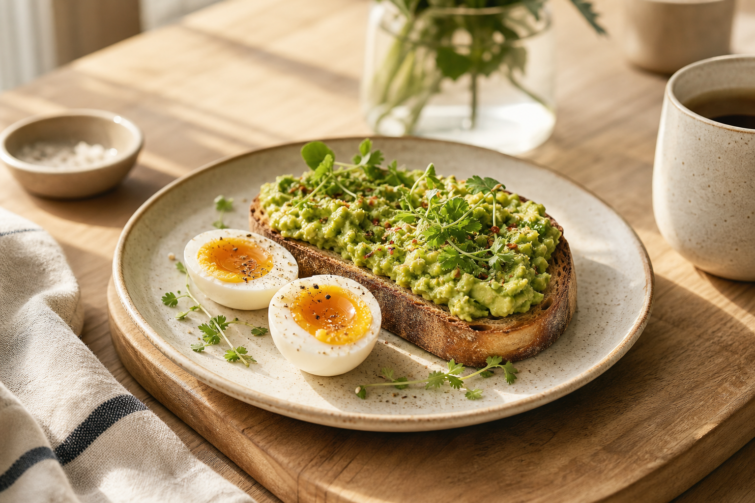 Rustic breakfast plate with avocado toast, soft boiled egg, and fresh herbs on a light wood board