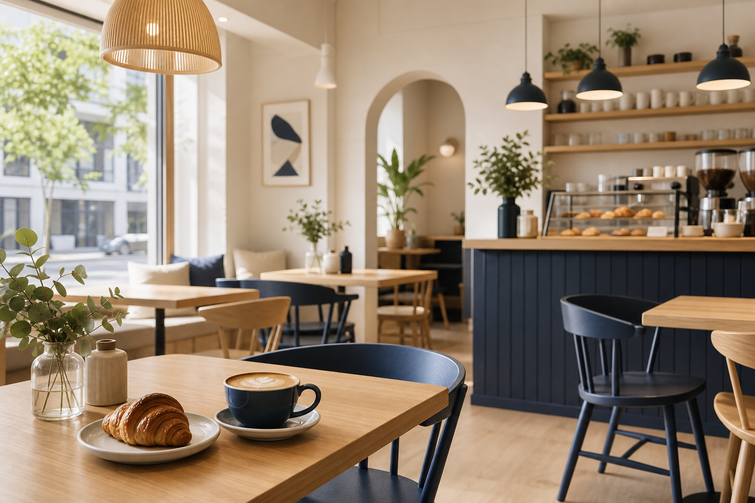 Bright Scandinavian-style cafe interior with light wood tables, navy blue accent chairs, and large windows