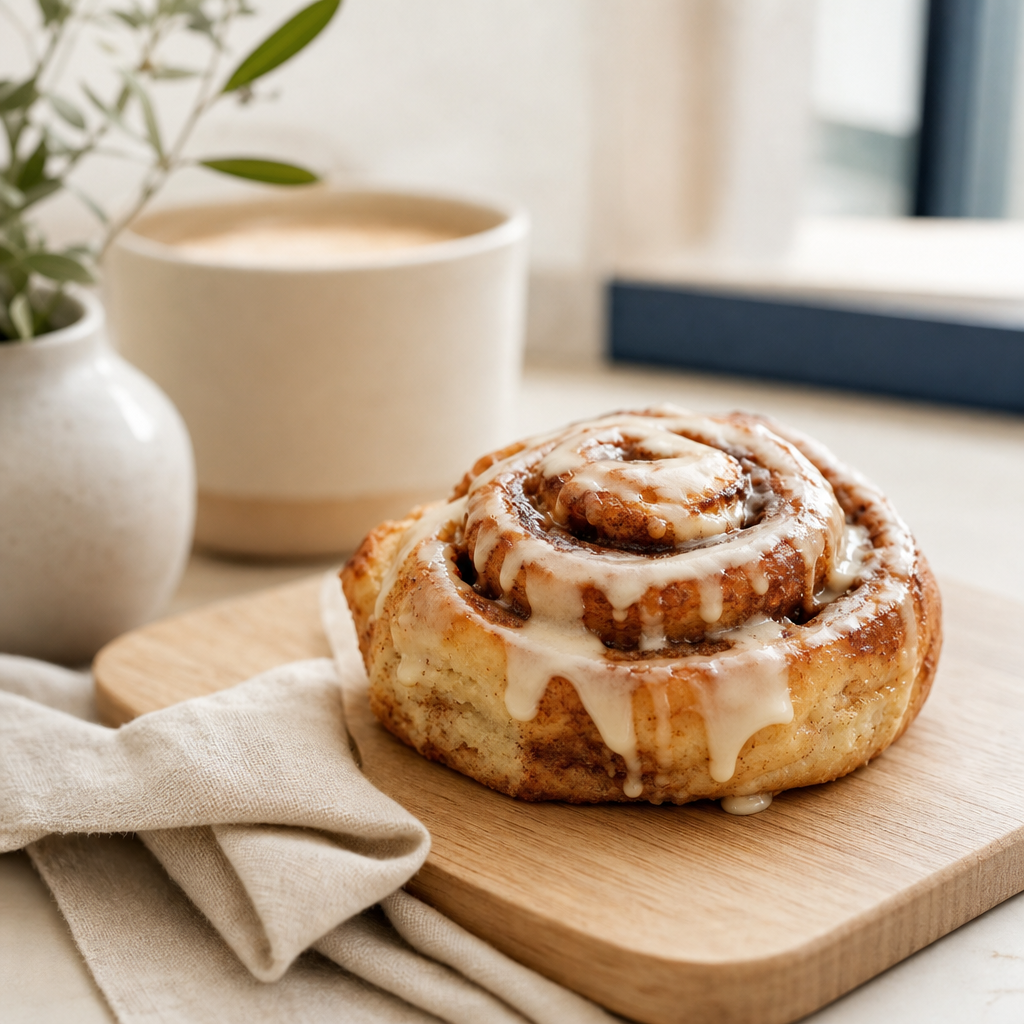 Warm cardamom cinnamon bun with a glossy glaze on a wooden board