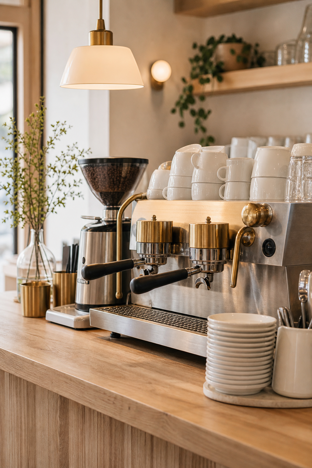 Close-up of a wooden coffee counter with brass espresso machine and stacked white cups