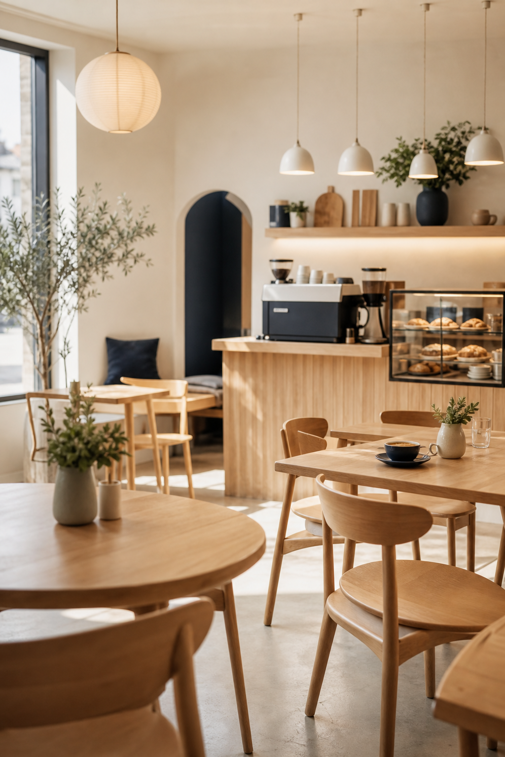 Cozy Scandinavian-style cafe interior with light wood tables, off-white walls, and warm morning light