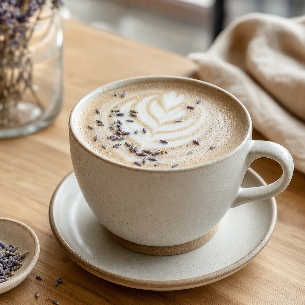 Honey lavender latte with delicate latte art in a light ceramic cup