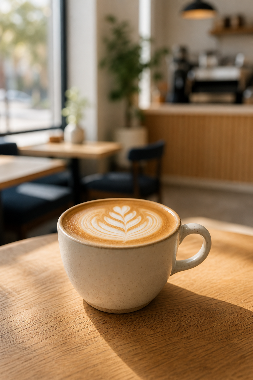 Ceramic cup of latte with delicate leaf-pattern latte art on a warm wooden table