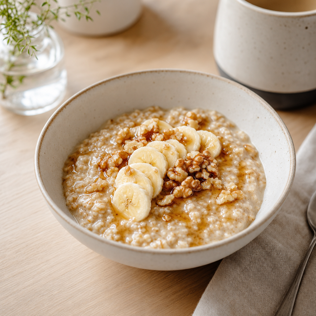 Creamy maple oat porridge bowl topped with sliced banana and toasted walnuts