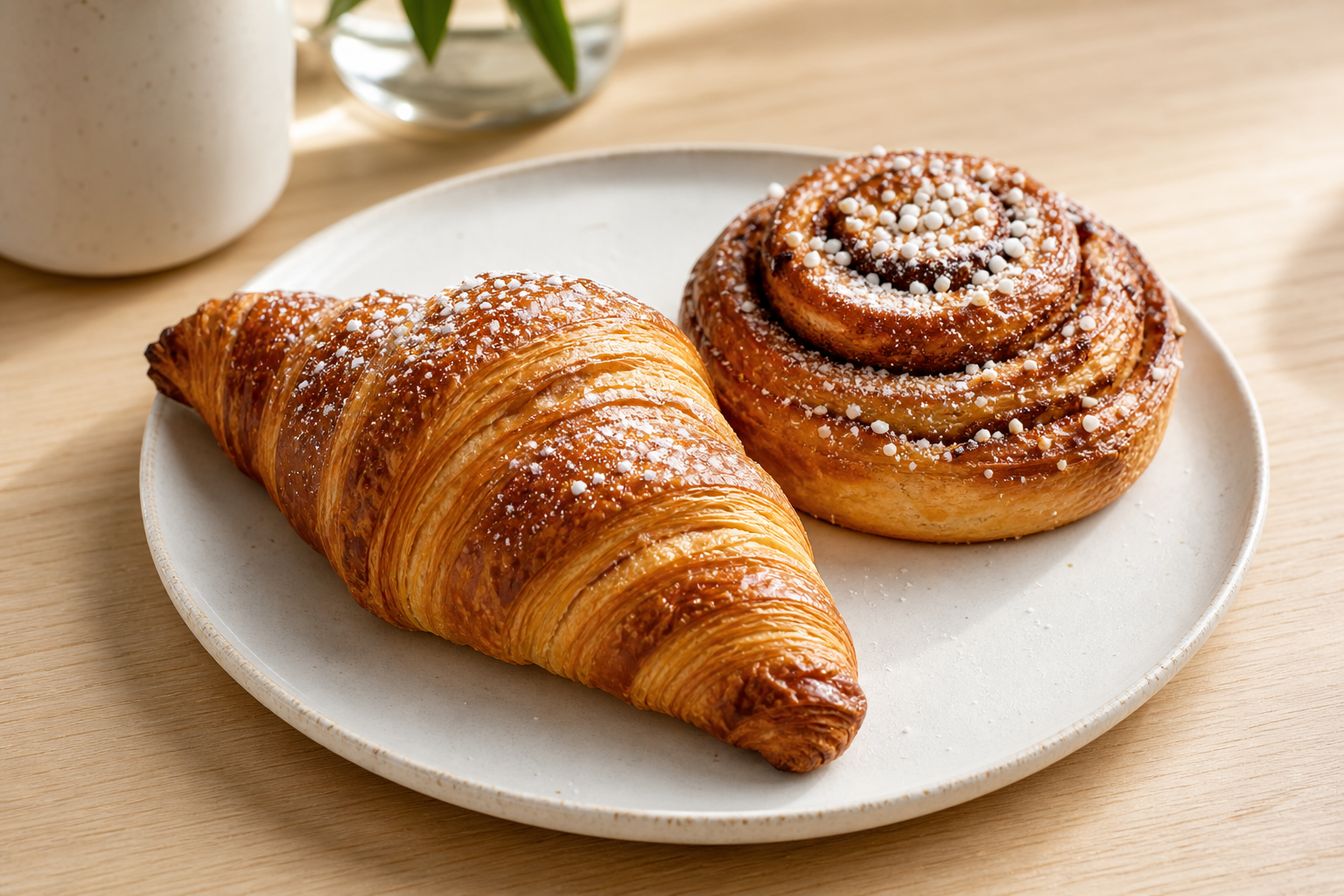 Flaky golden croissant and cinnamon bun on a white ceramic plate, dusted with sugar