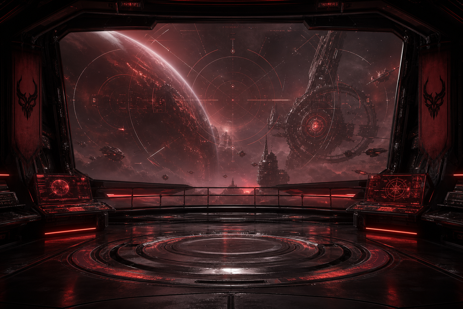 Cinematic red-black sci-fi command bay with metallic orbital structures and subtle holographic signal lines