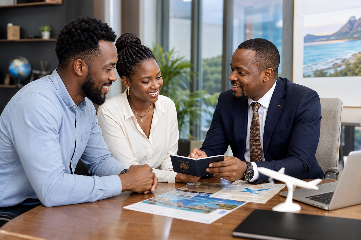 Professional Kenyan travel consultants meeting with clients in a modern office, reviewing passports and flight itineraries