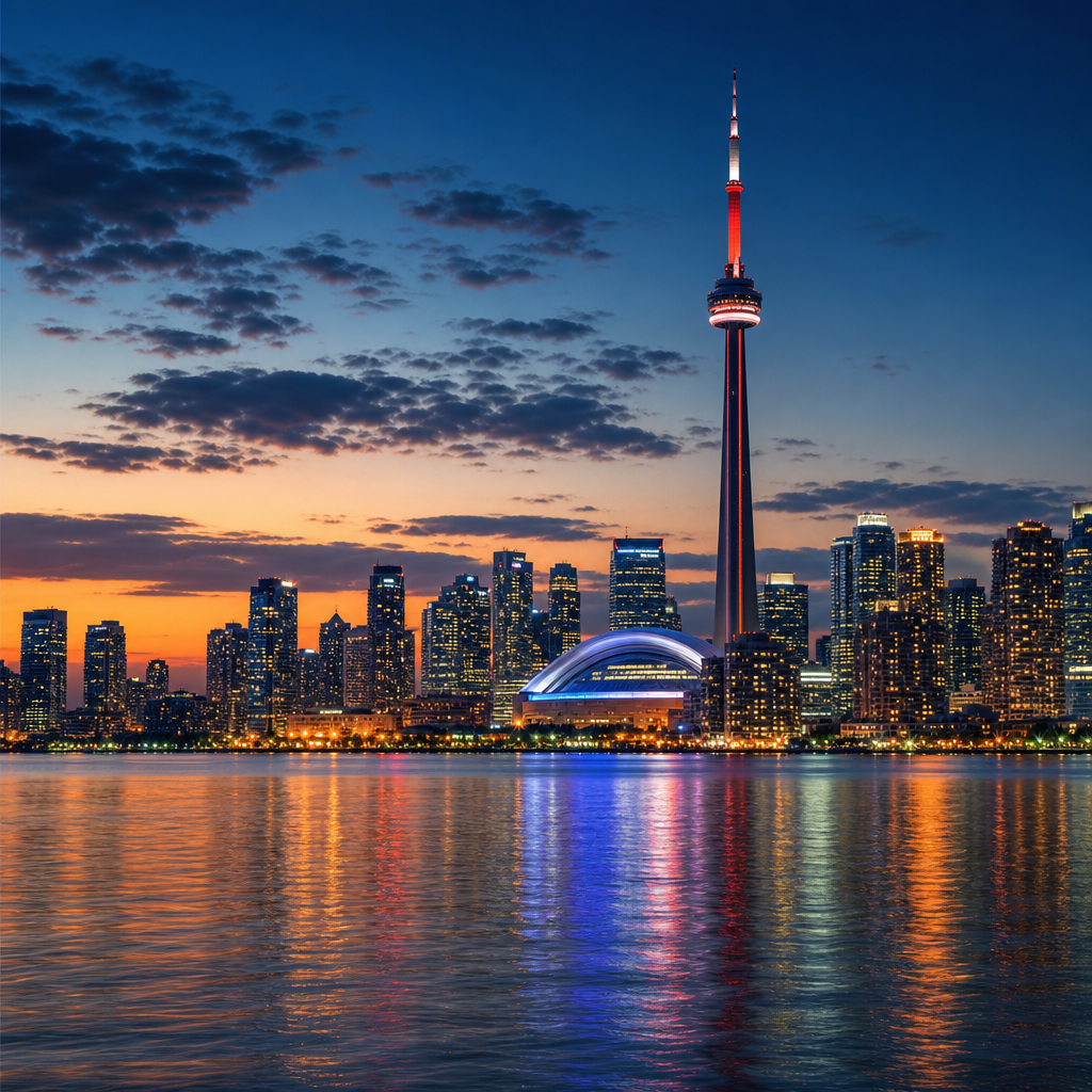 Toronto skyline at dusk with the CN Tower, representing Canada World Cup travel