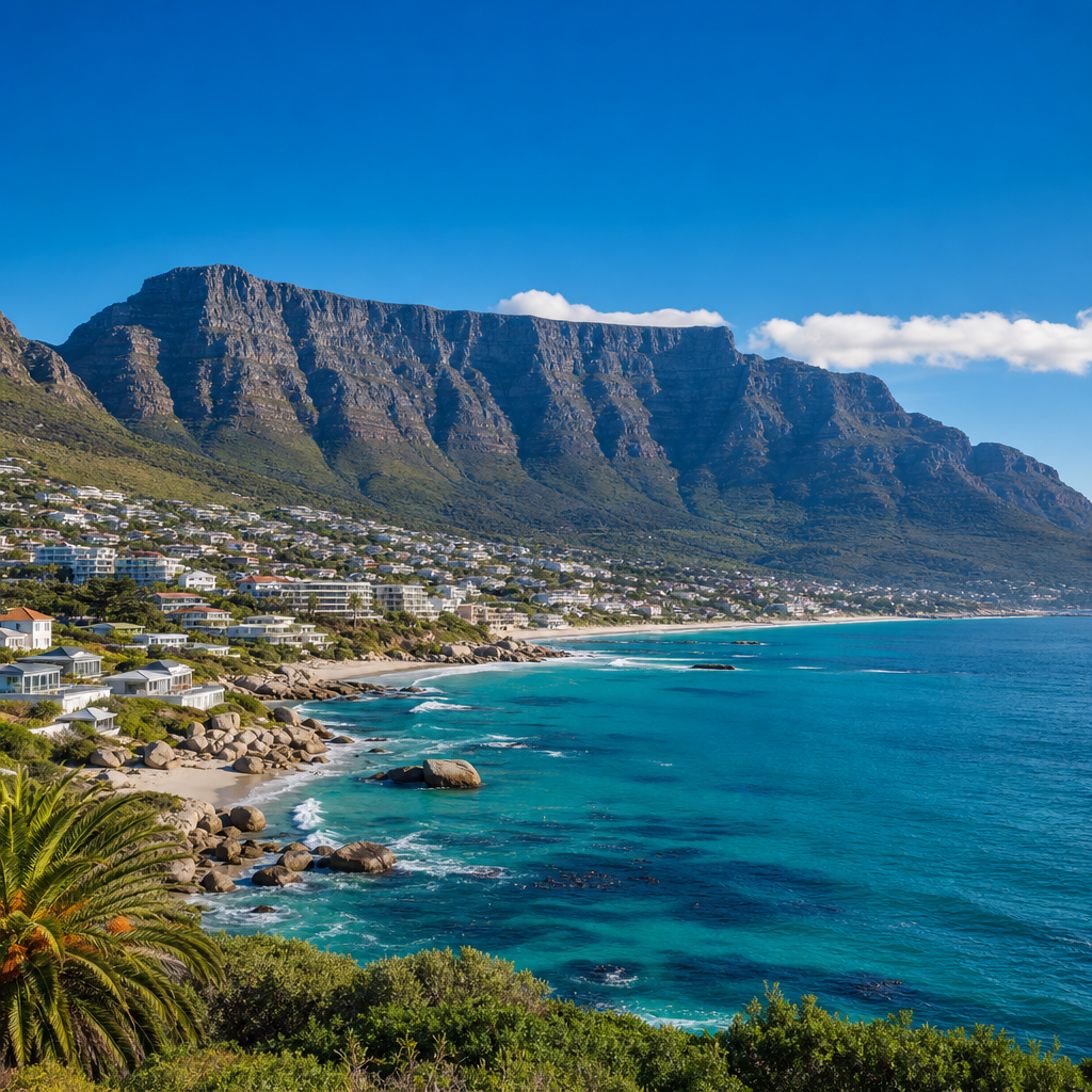 Cape Town coastline with Table Mountain and turquoise water under a clear sky