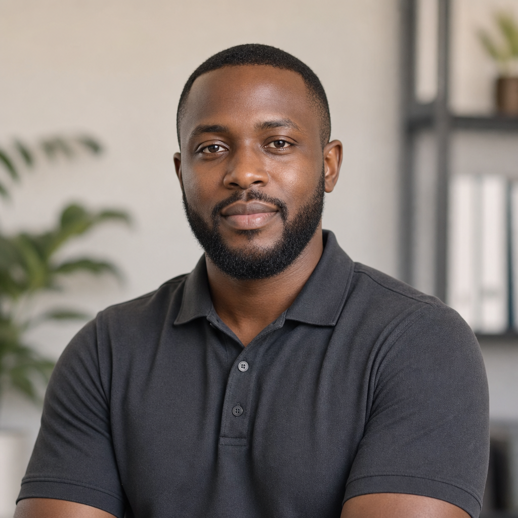 Portrait of Ian Kamau, a Kenyan engineer with a close-cropped beard wearing a charcoal polo shirt.