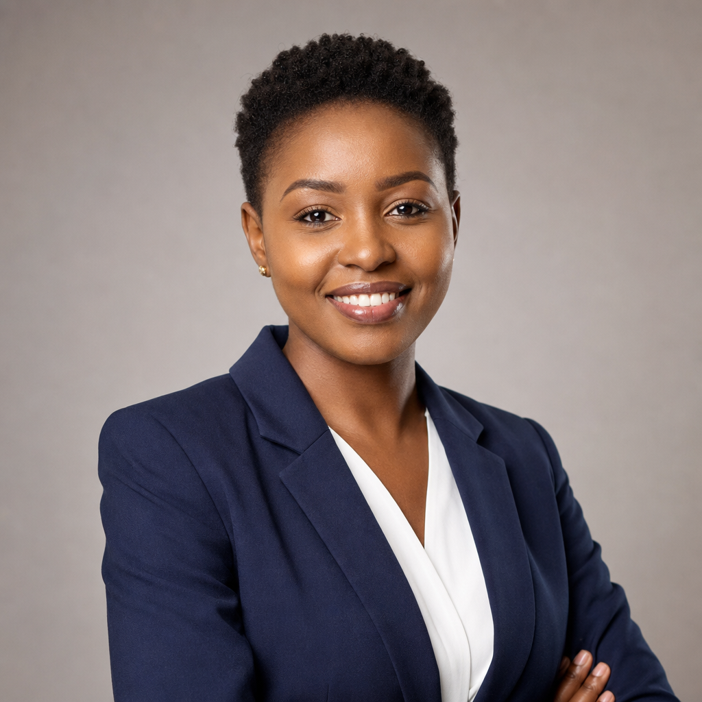 Portrait of Jane Mwangi, a Nairobi-based professional with short natural hair wearing a navy blazer.