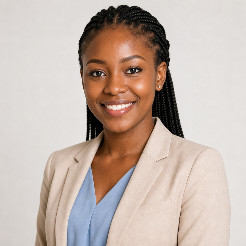 Portrait of Lilian Achieng, a Kenyan student with braided hair wearing a light beige blazer.