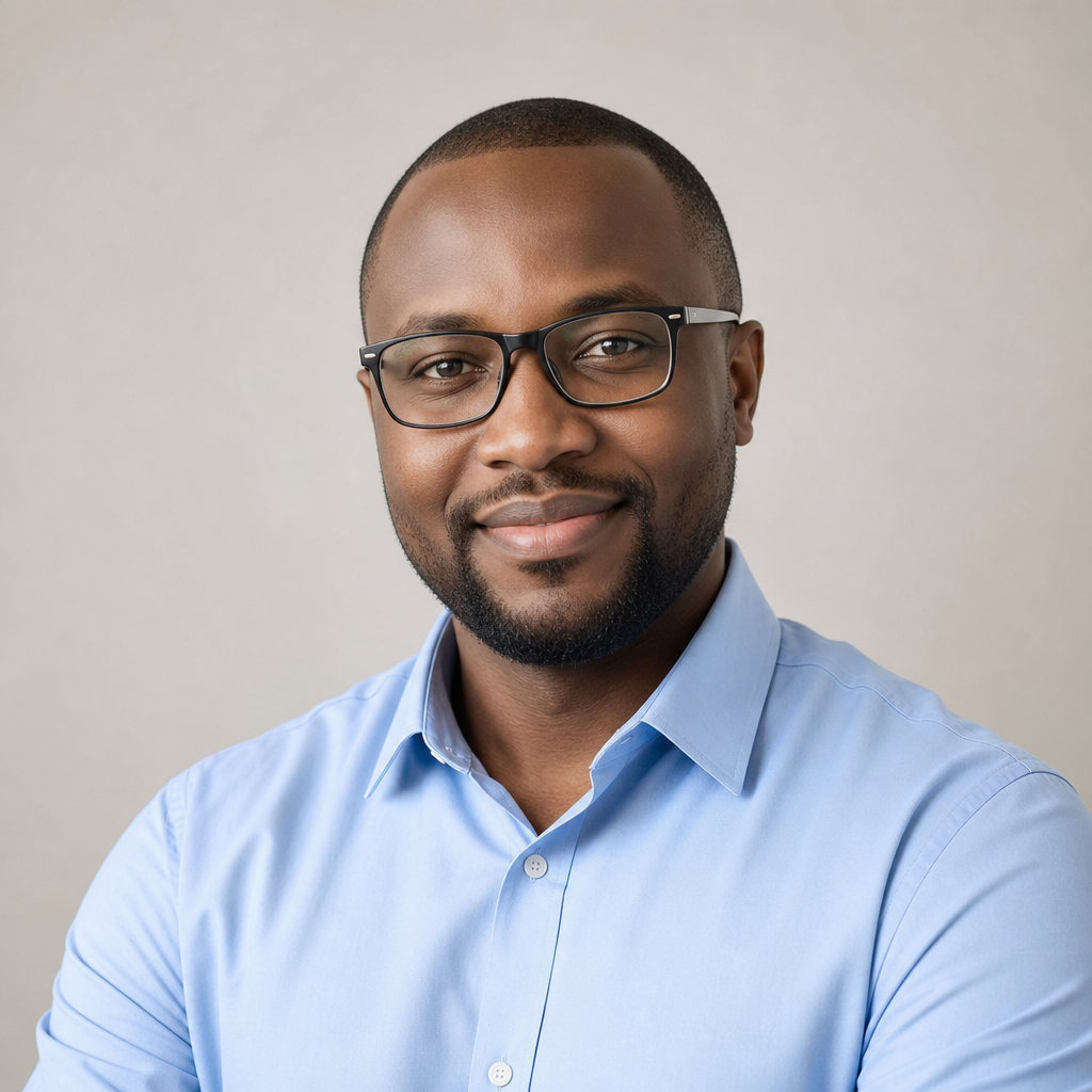 Portrait of Peter Wanjiru, a Kenyan family man with glasses wearing a sky-blue shirt.