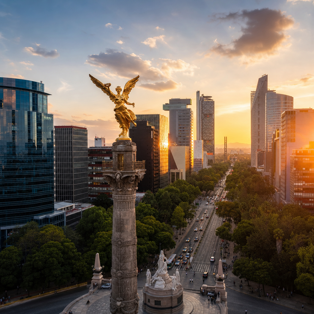 Mexico City skyline with the Angel of Independence at sunset, representing Mexico World Cup travel