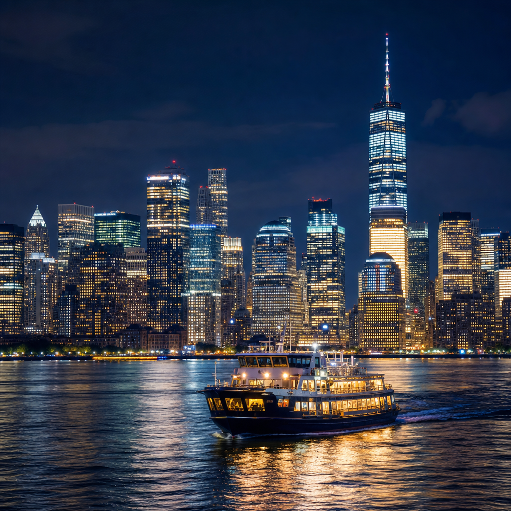 New York City skyline at night with illuminated skyscrapers and a ferry on the Hudson River