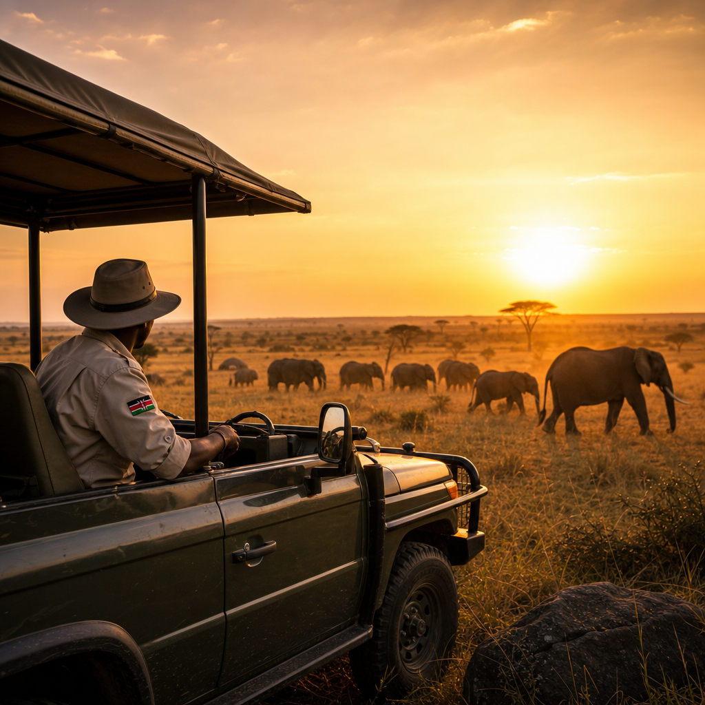 Luxury safari jeep with a Kenyan guide observing elephants at sunset in Maasai Mara