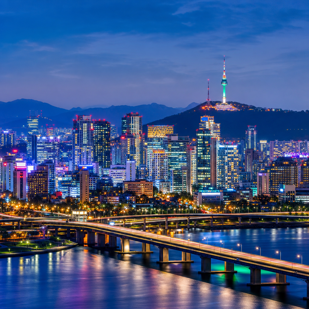 Modern Seoul cityscape at night with illuminated towers and a river