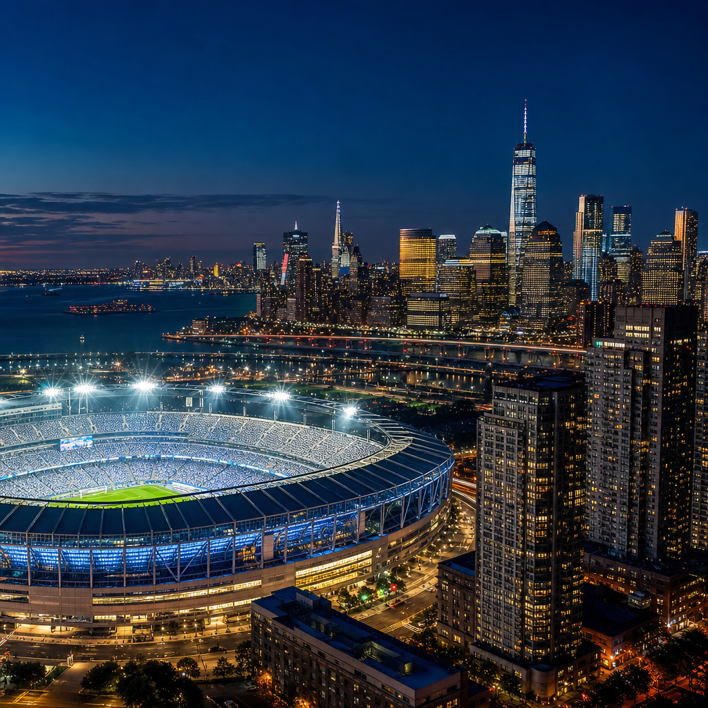 Night skyline of New York City with bright stadium lights, representing USA World Cup travel
