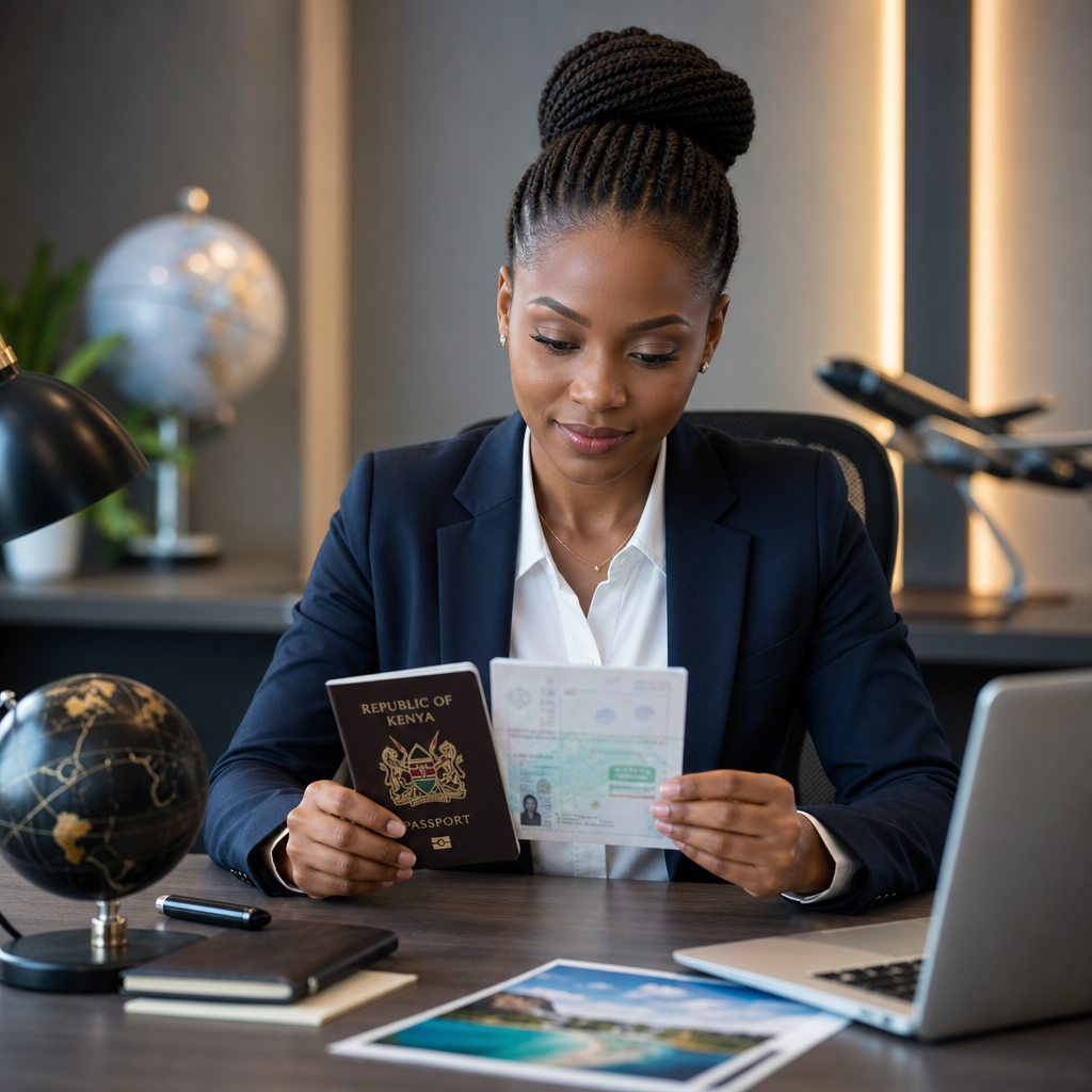 Travel consultant reviewing a Kenyan passport and visa documents on a polished desk