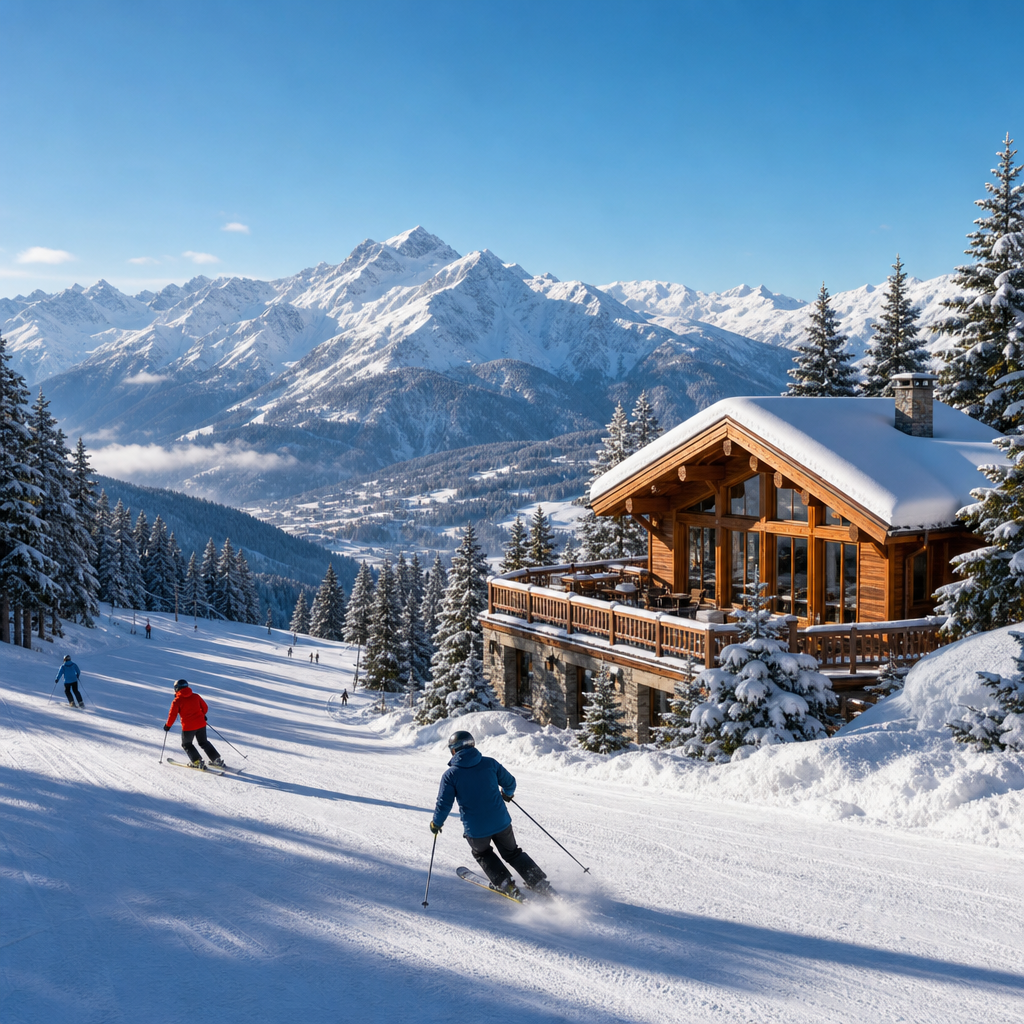 Snowy mountain resort with skiers, pine trees, and a cozy chalet under a clear winter sky