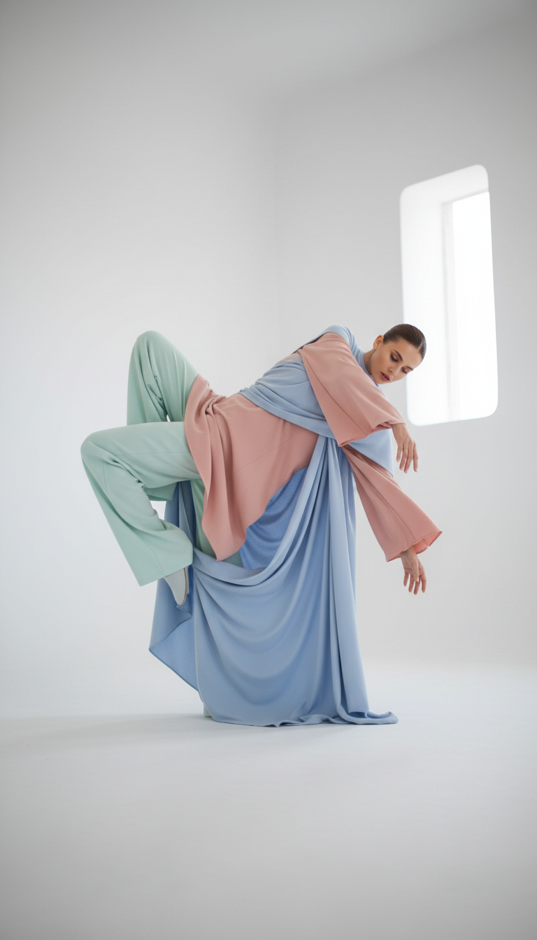 Fashion model in creative pose, minimalist modern outfit, soft pastel tones
