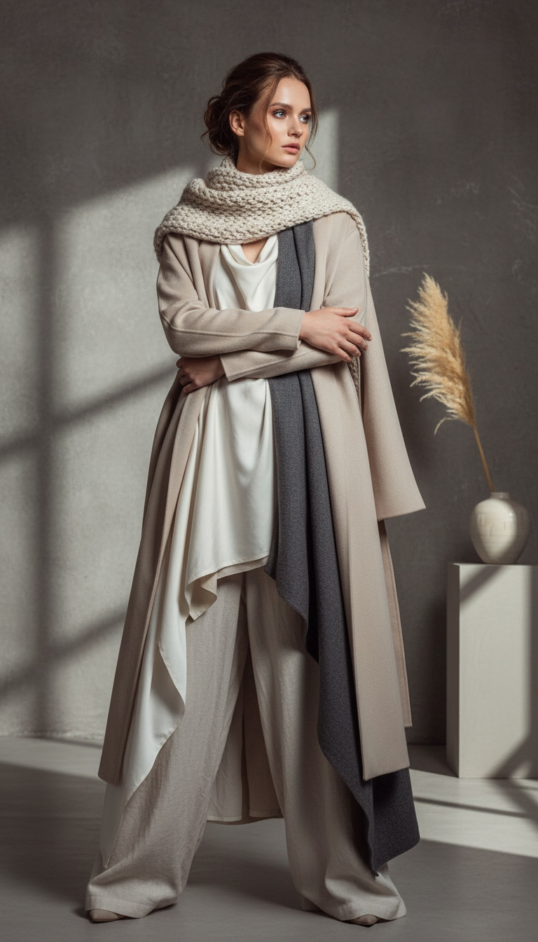 Editorial model, layered minimalist outfit, neutral palette, artistic styling