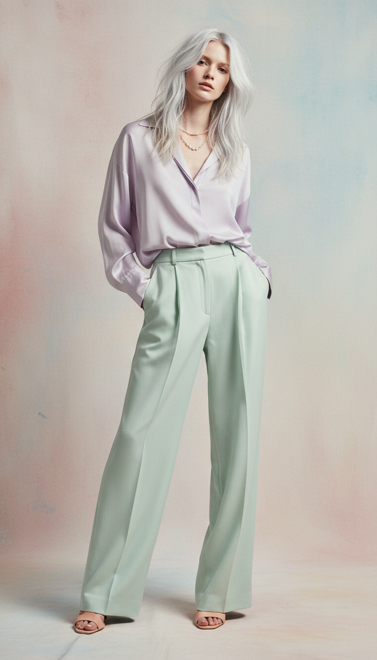 Editorial fashion portrait, pastel tones, soft light, minimalist attire