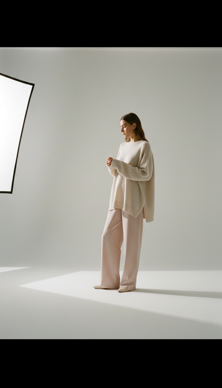 Minimalist studio shot, neutral pastel clothing, soft shadows, editorial style