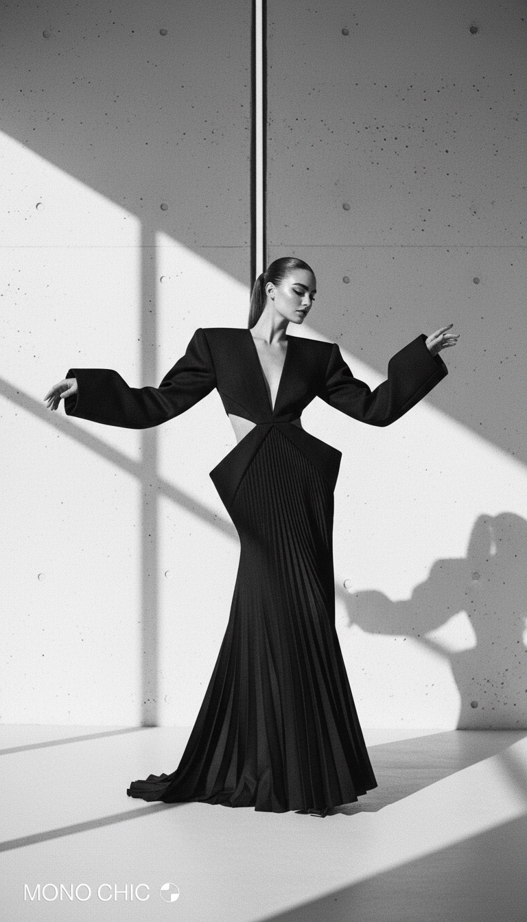 Modern monochrome fashion, elegant pose, minimalist backdrop, high-end look