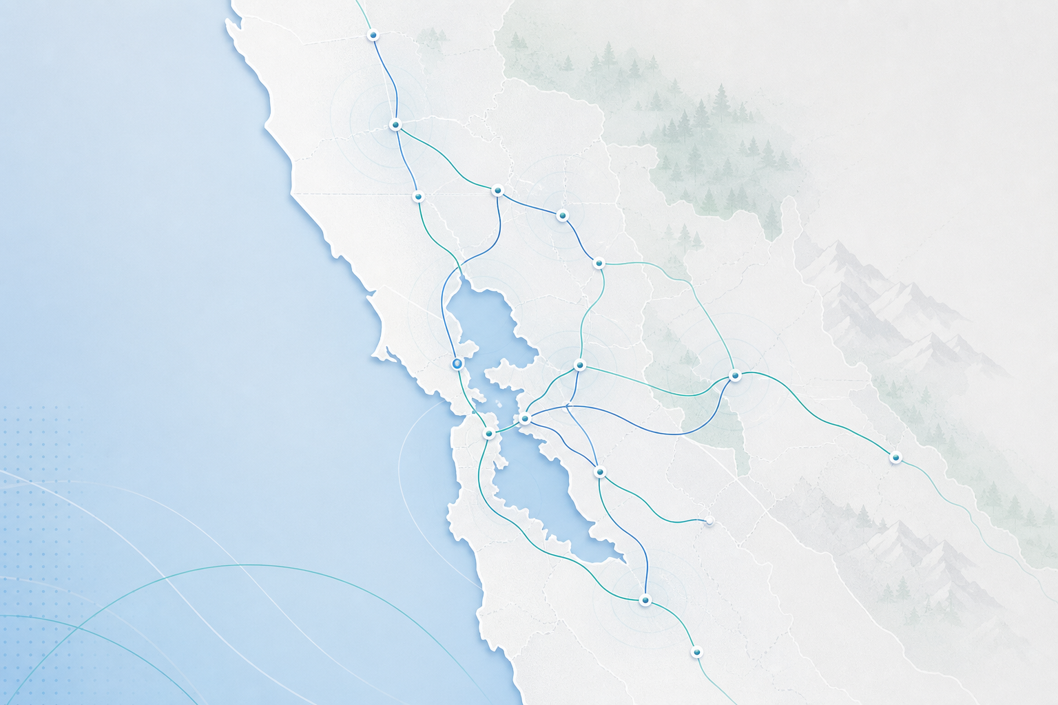 Stylized map illustration of Bay Area and Northern California logistics routes with connected city nodes