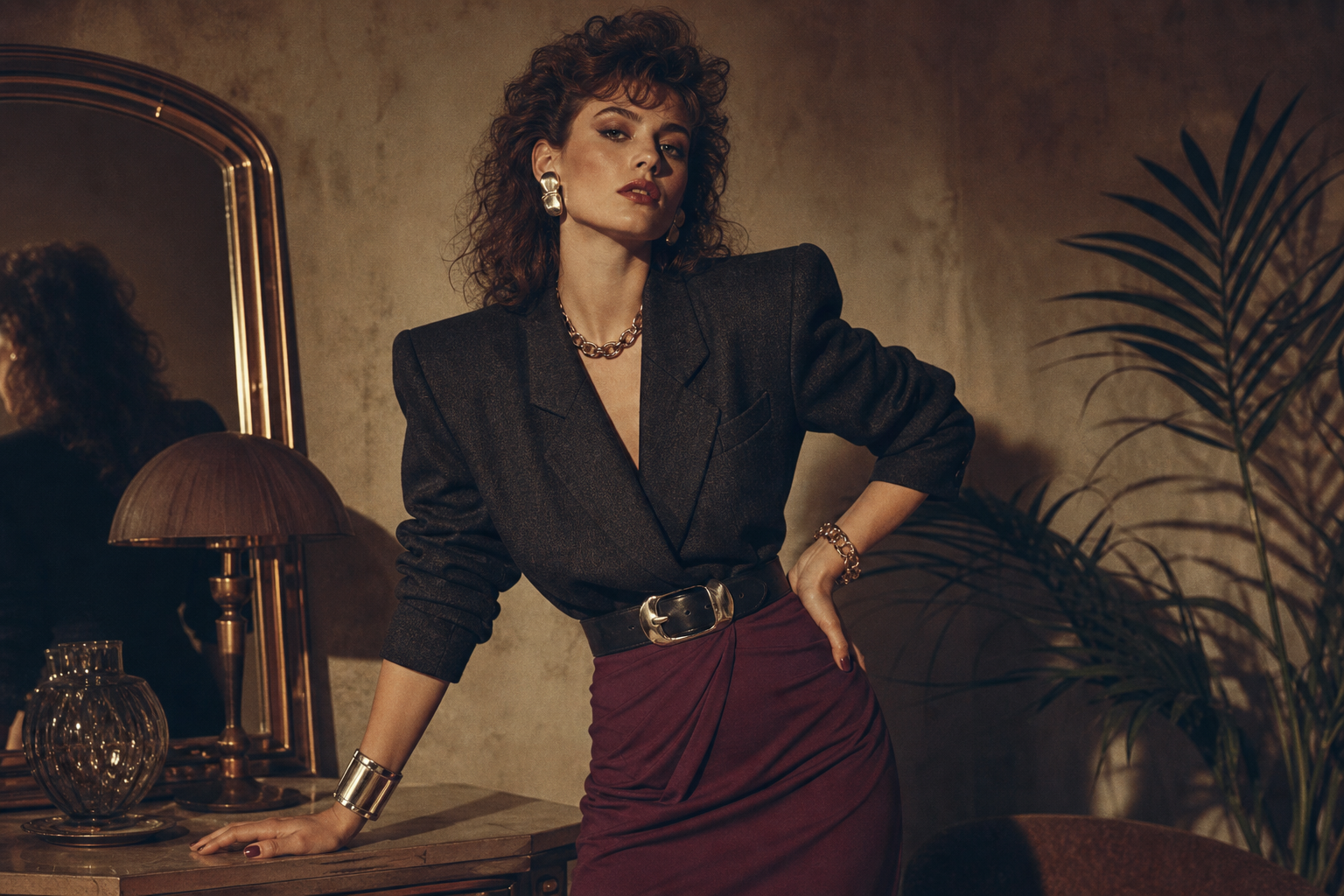 Cinematic 1980s-inspired vintage look with bold shoulder jacket, high-waisted skirt, and deep jewel tones
